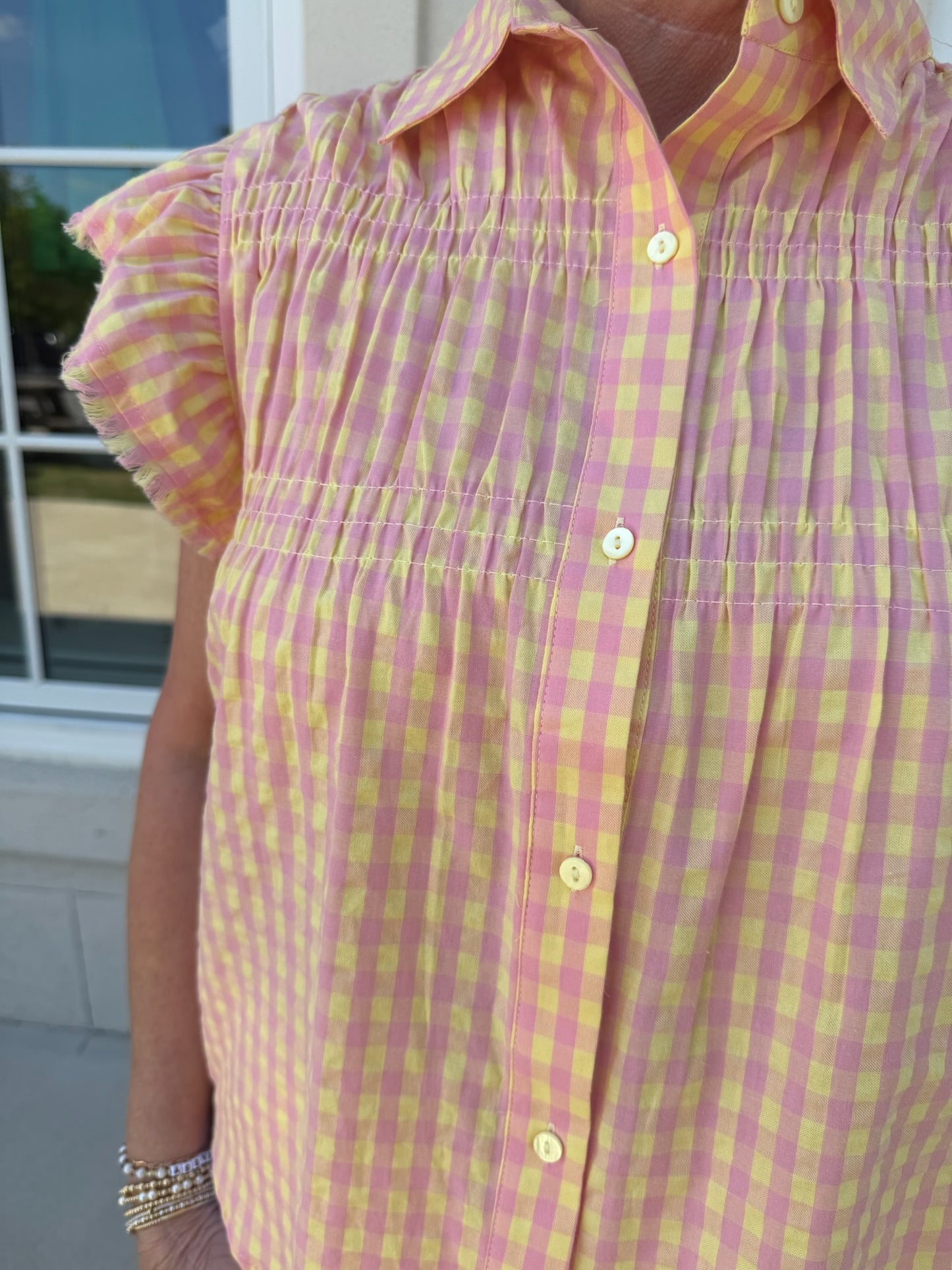 Pink and Yellow Gingham Flutter Sleeve Top