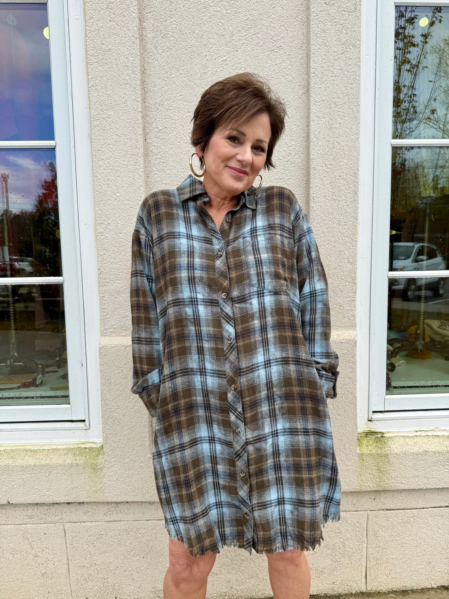 Antique Brown Plaid Shirt Dress