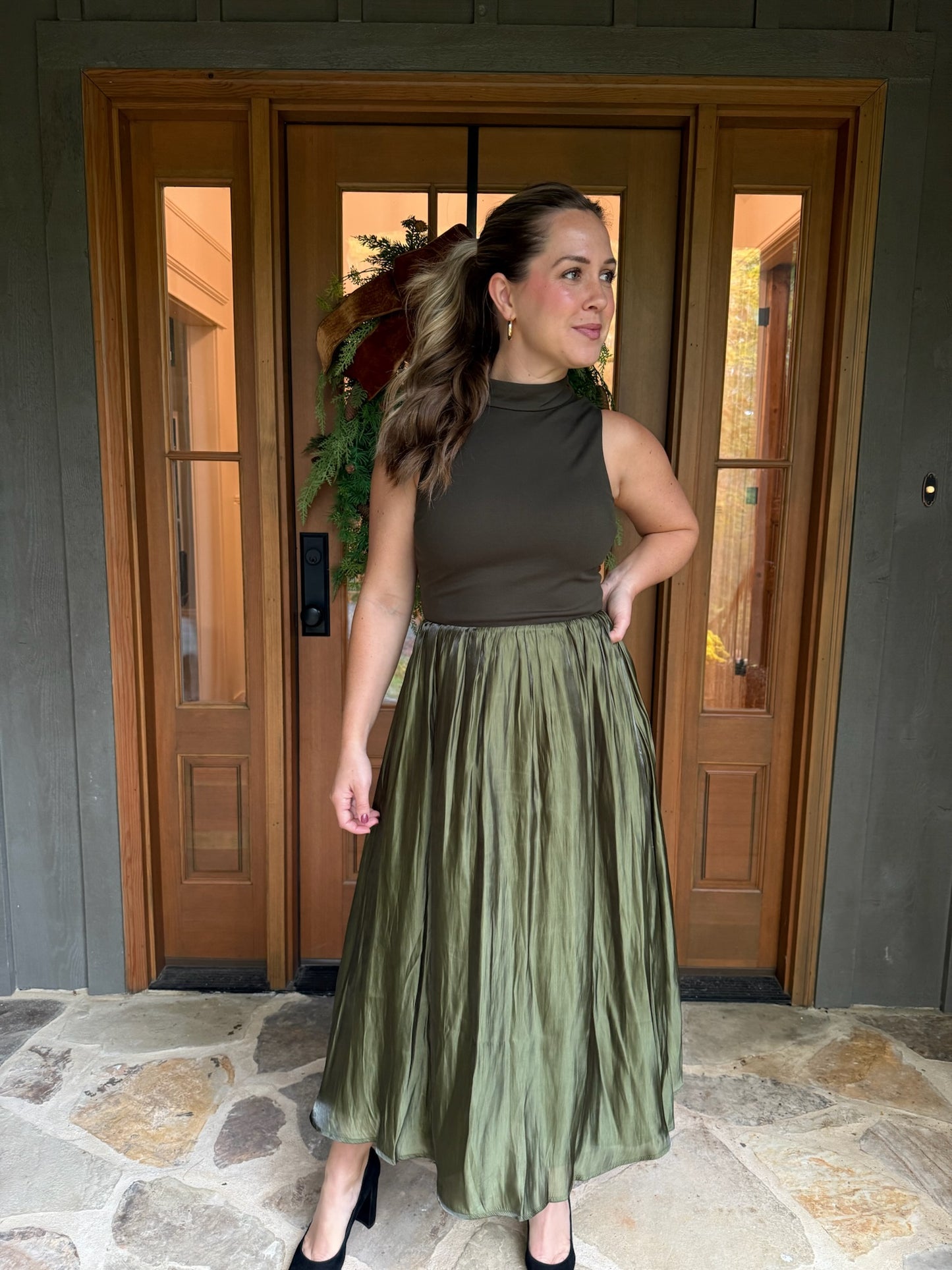Olive Contrast Taffeta Midi