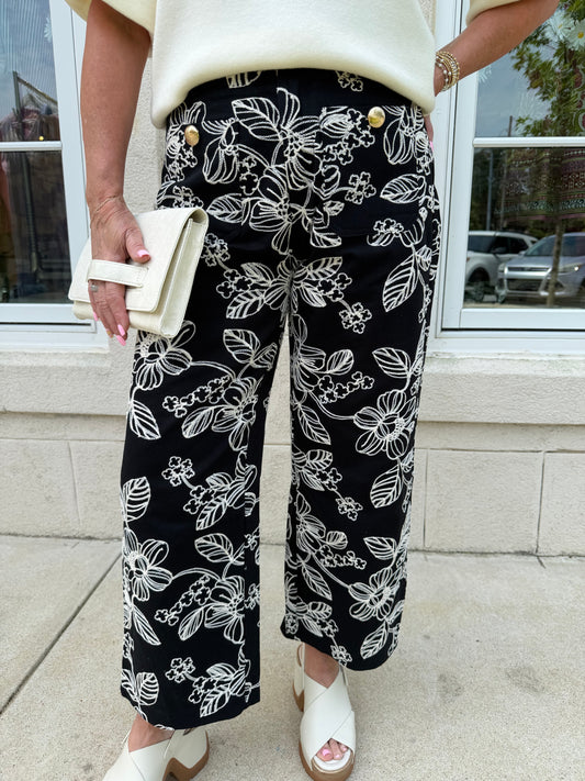 Black with Ivory Floral Embroidery Pants