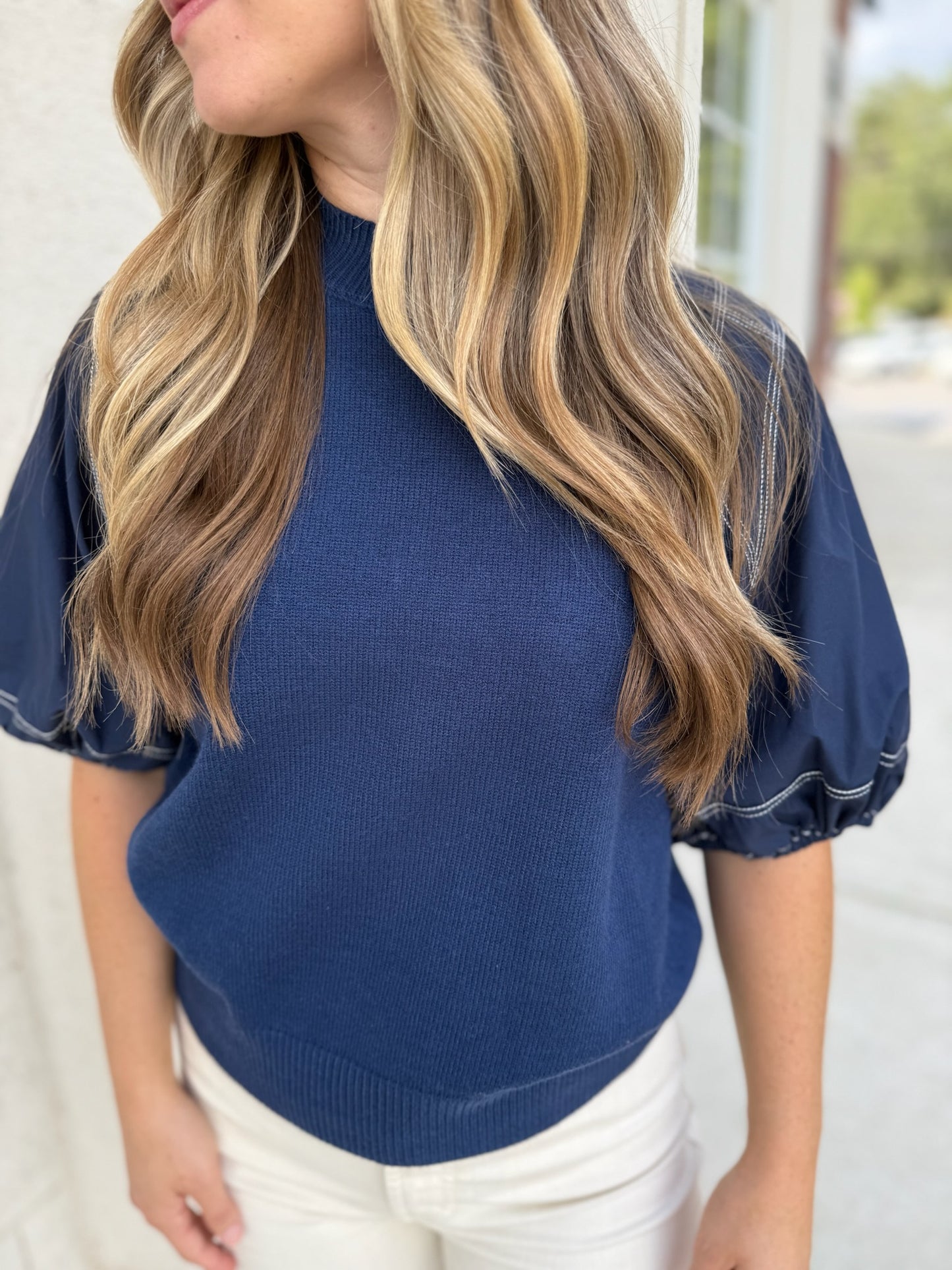 Navy Multi Fabric Knit Top