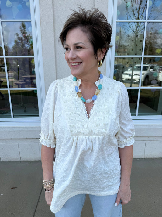 Cream Textured and Smocked Peasant Top