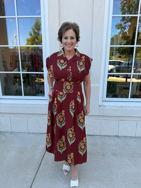 Deep Red Floral Print Maxi