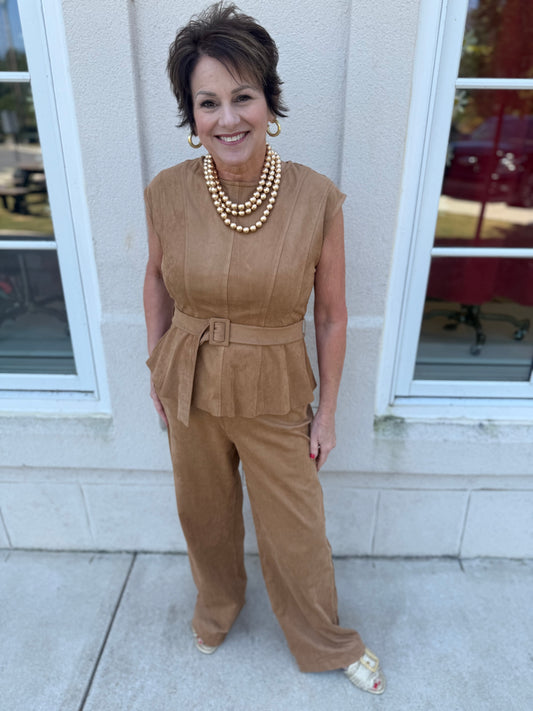 Coffee Belted Peplum Top