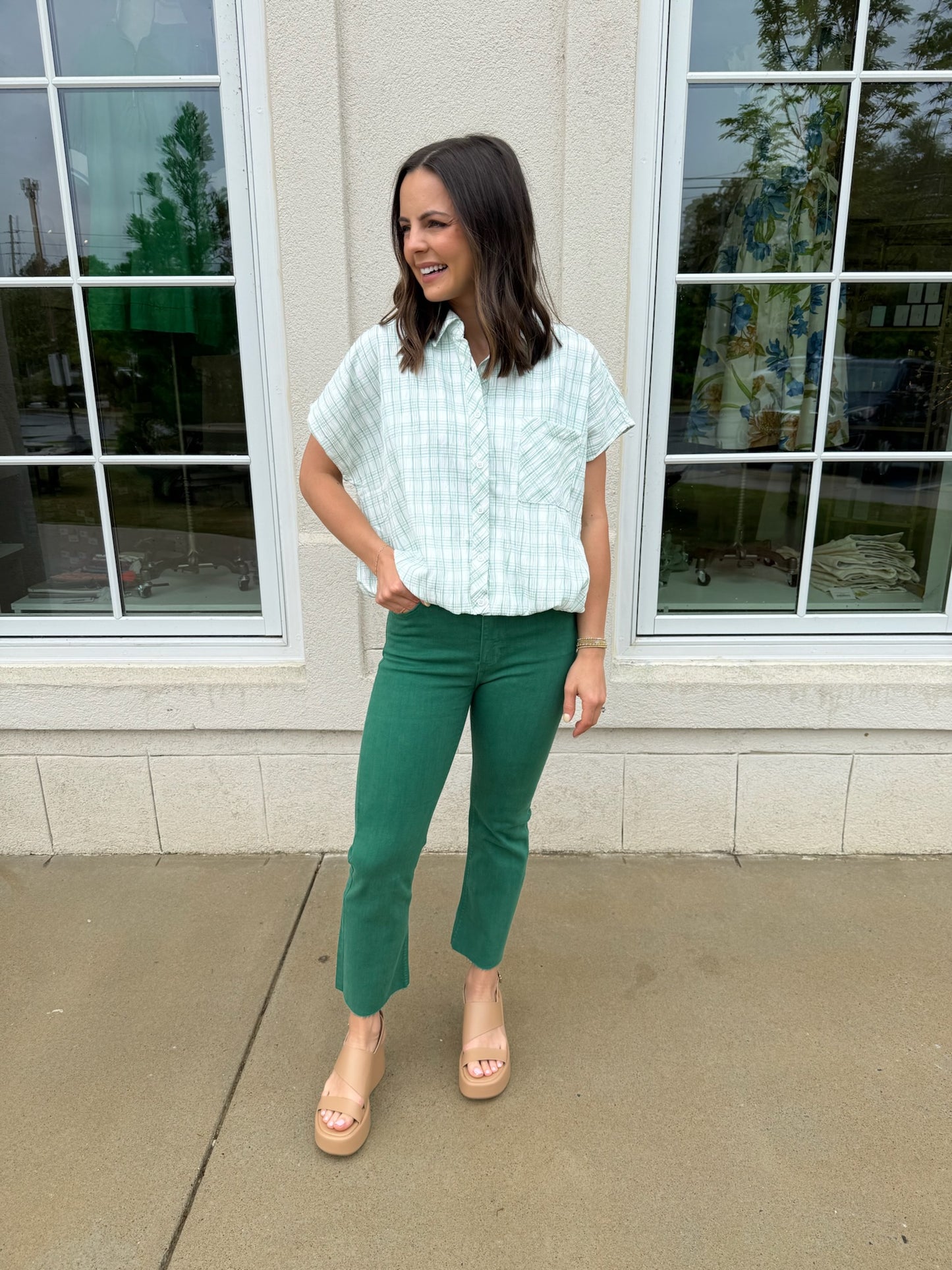 Kelly Green Crinkled Plaid Top
