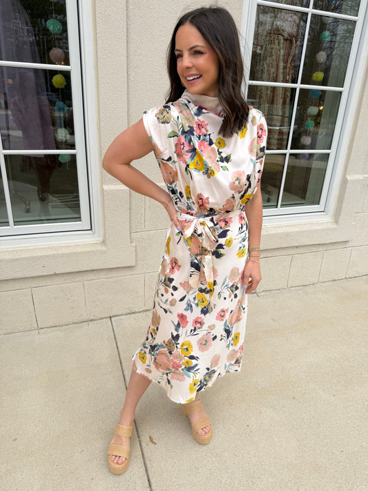 Ivory Floral Cowl Neck Midi