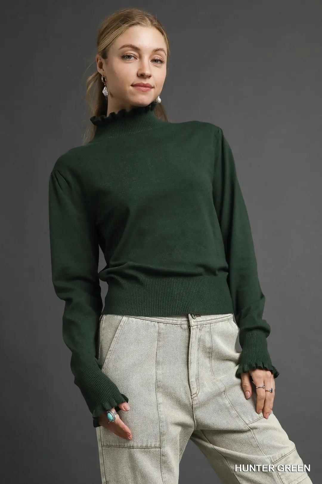 Hunter Green Ruffle Mock Neck Sweater