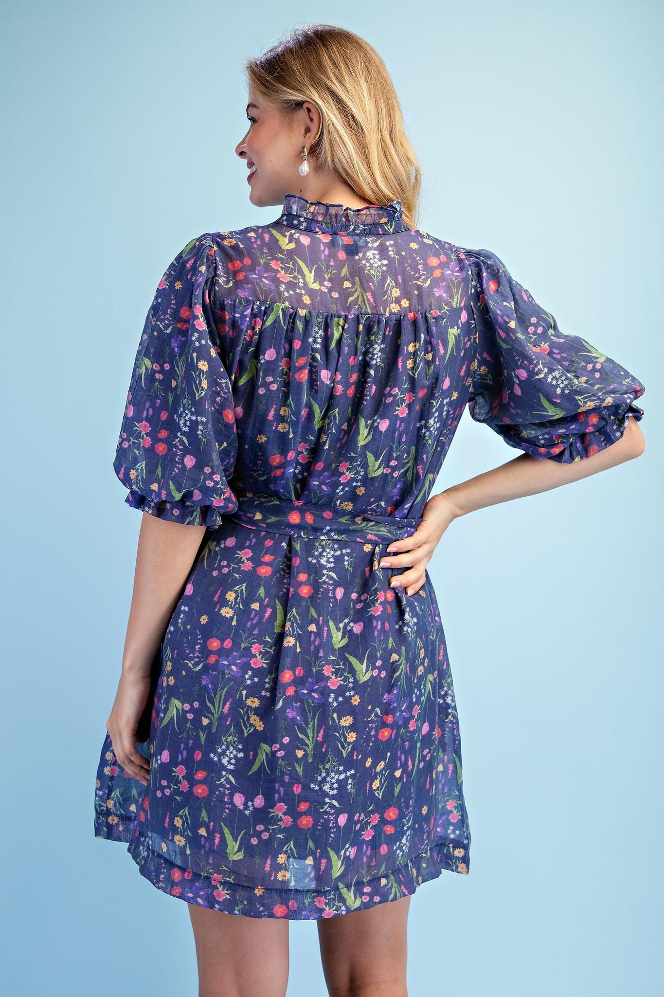 Navy Floral Mix Print Mini Dress