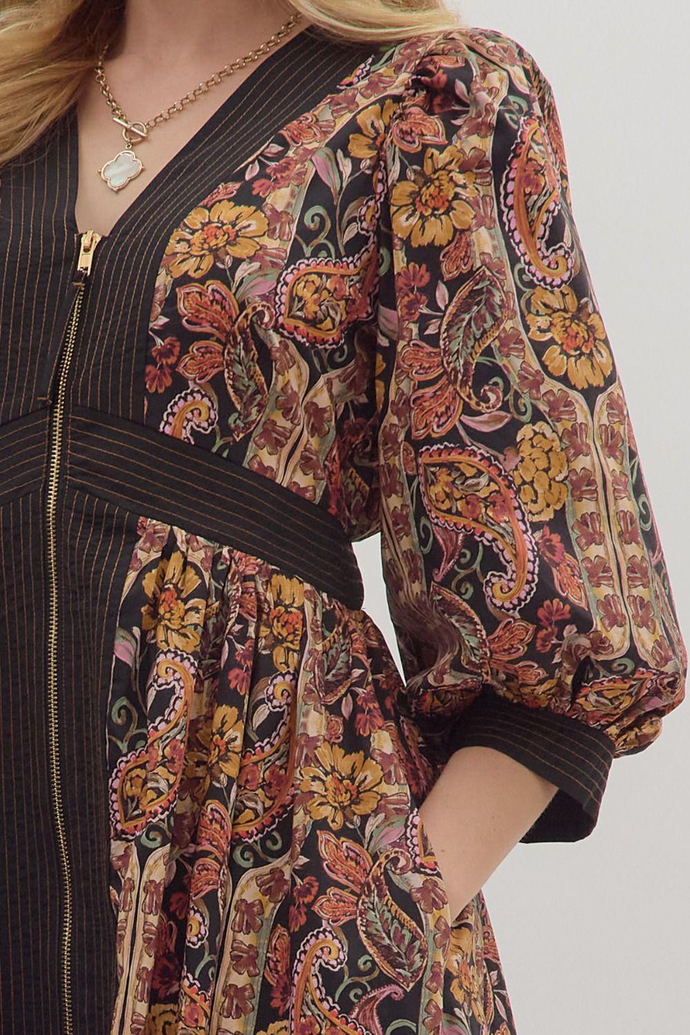 Black Print Zipper Front Midi Dress