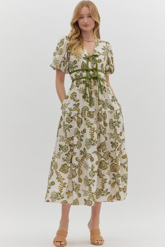 Olive Floral and Contrast Bow Midi