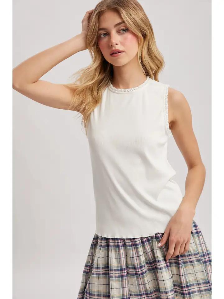 Off White Lettuce Edge Trimmed Tank