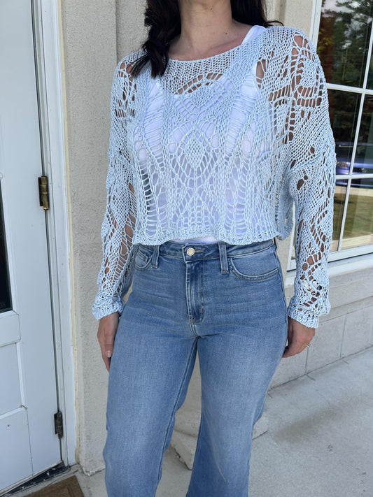 Sky Blue Scoopneck Open Crochet Top