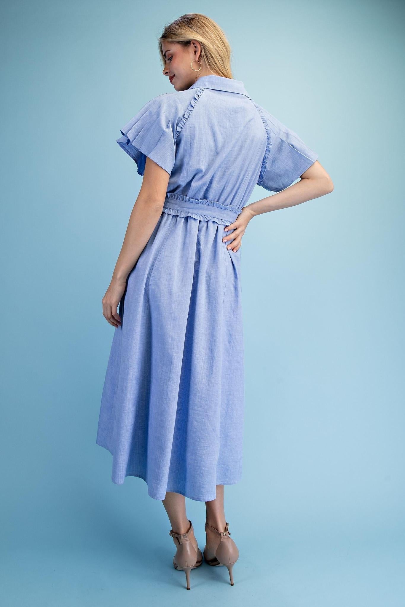 Light Blue Ruffled Detail Midi Dress