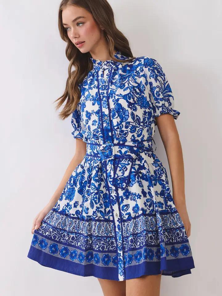 Royal Blue and White Floral Print Dress