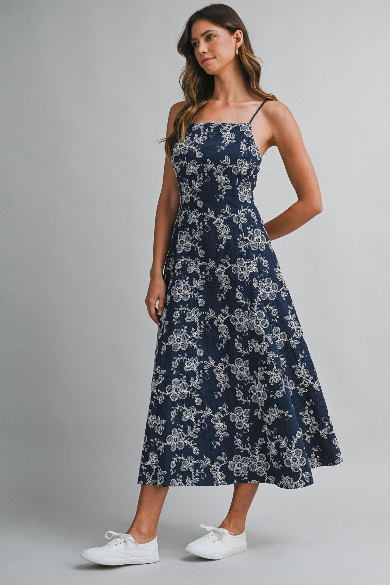 Navy with White Embroidery Dress