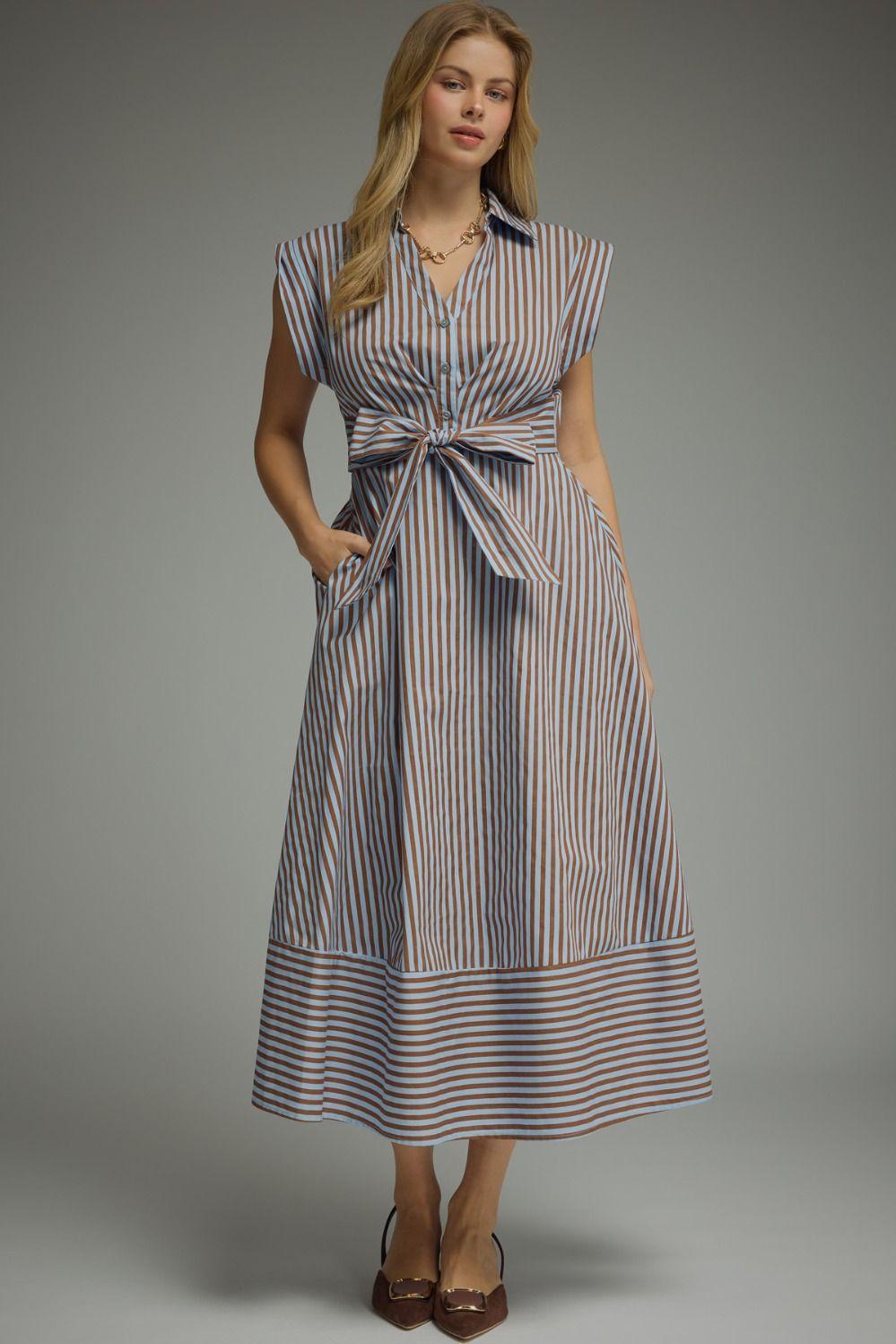 Blue and Brown Striped Midi Dress