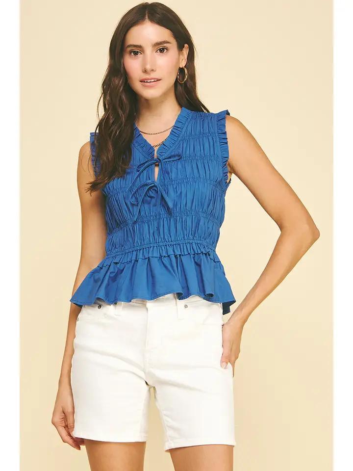 Denim Front Tie Smocked Top