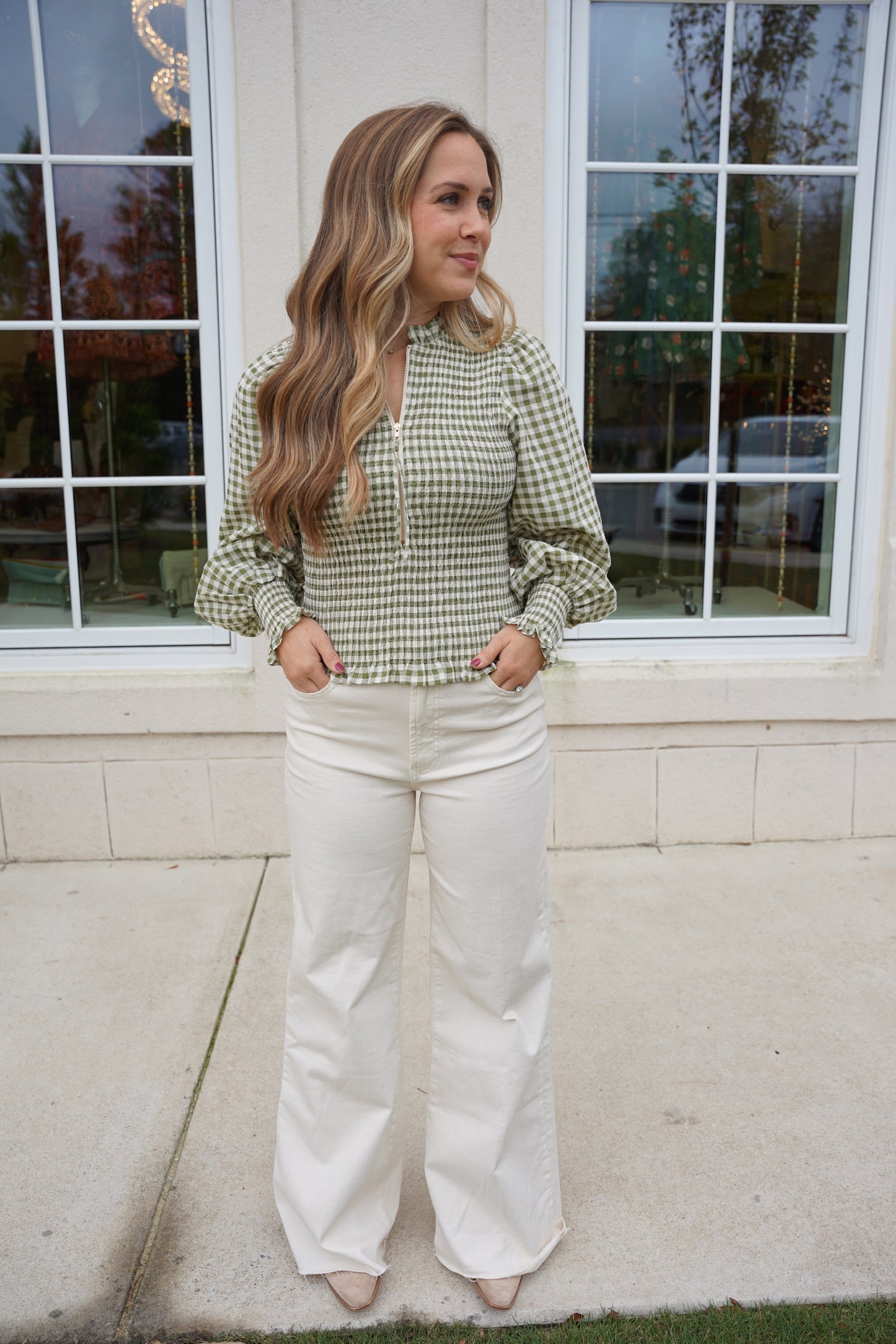 Olive and Cream Checked Smocked Top