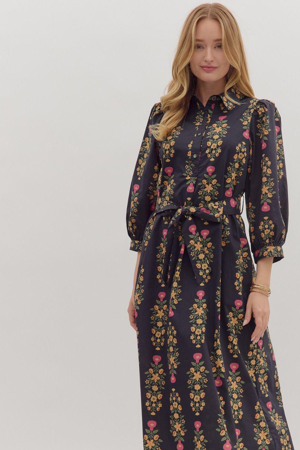 Black Botanical Print Midi Dress