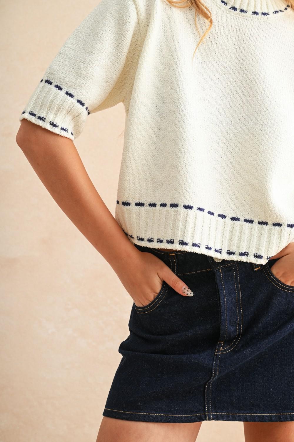 White with Navy Stitching Detail Sweater Top