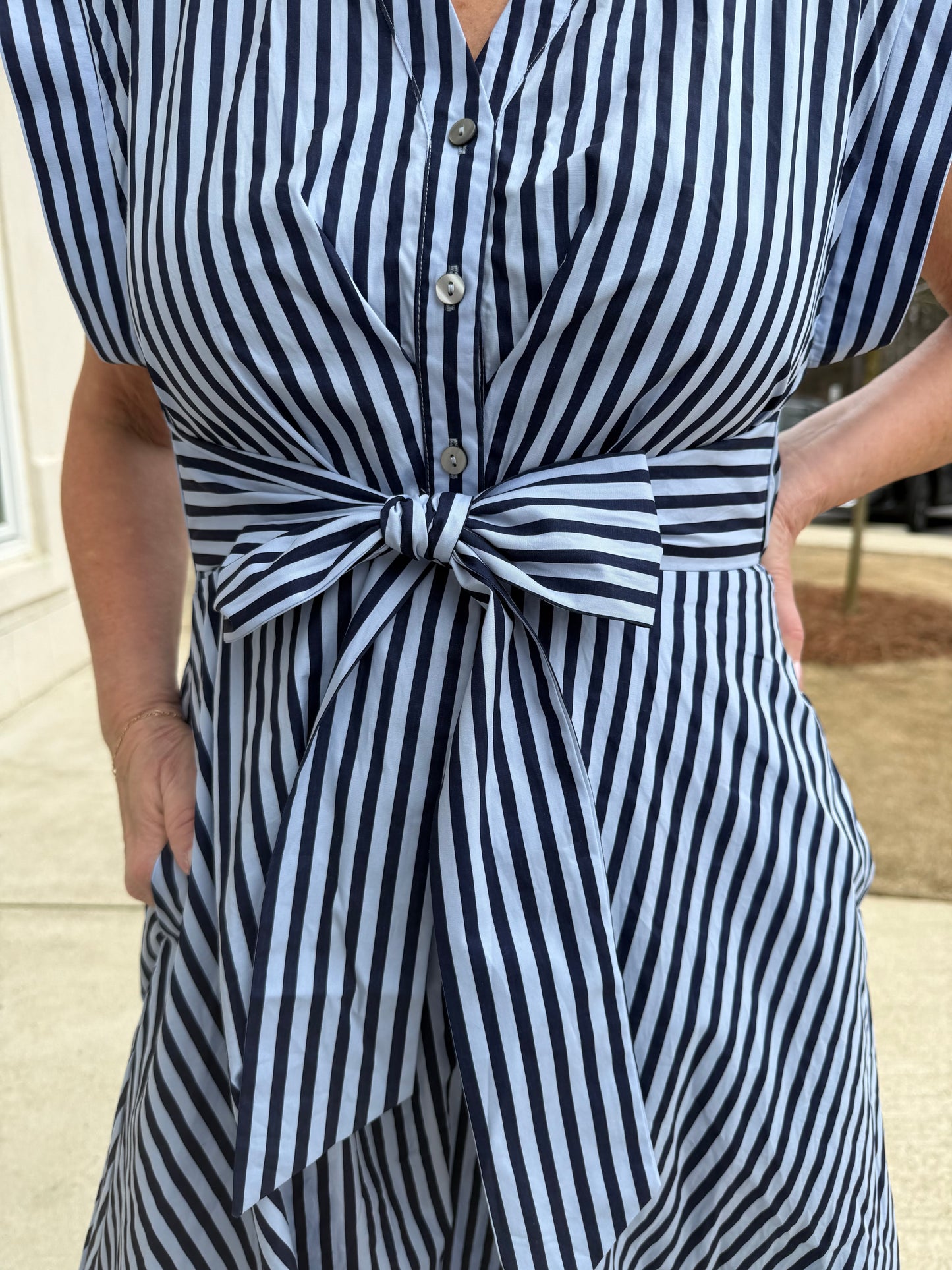 Navy and Light Blue Striped Front Tie Midi