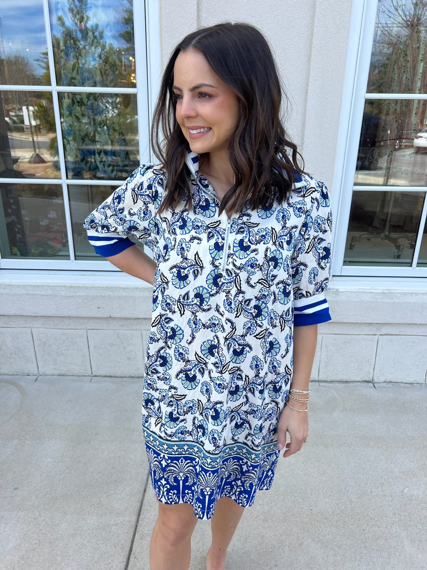 Blue High Neck Paisley Border Dress