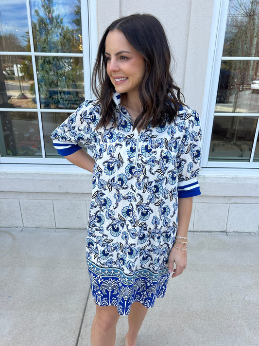 Blue High Neck Paisley Border Dress