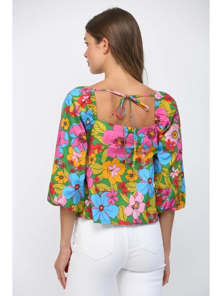 Green Multi Floral Gathered Top