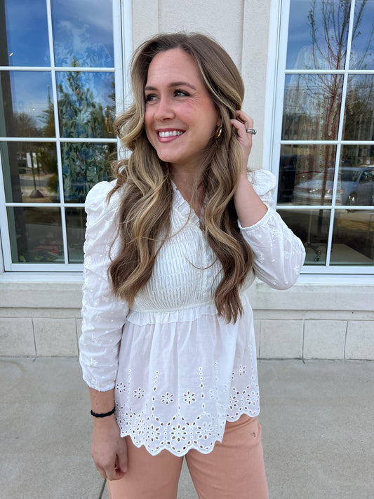 Off White Eyelet Peplum Top
