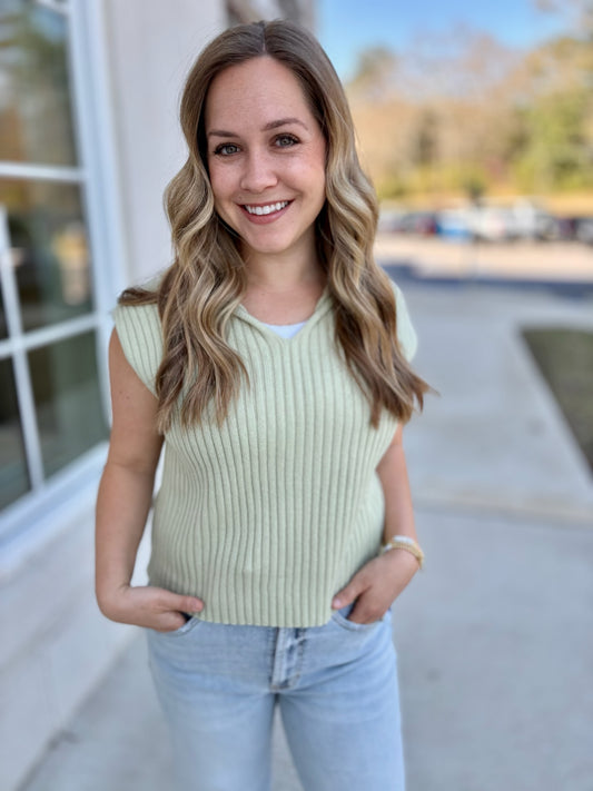 Pistachio Ribbed Hooded Sweater Top