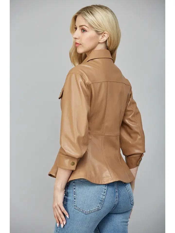 Camel Cinched Faux Leather Jacket