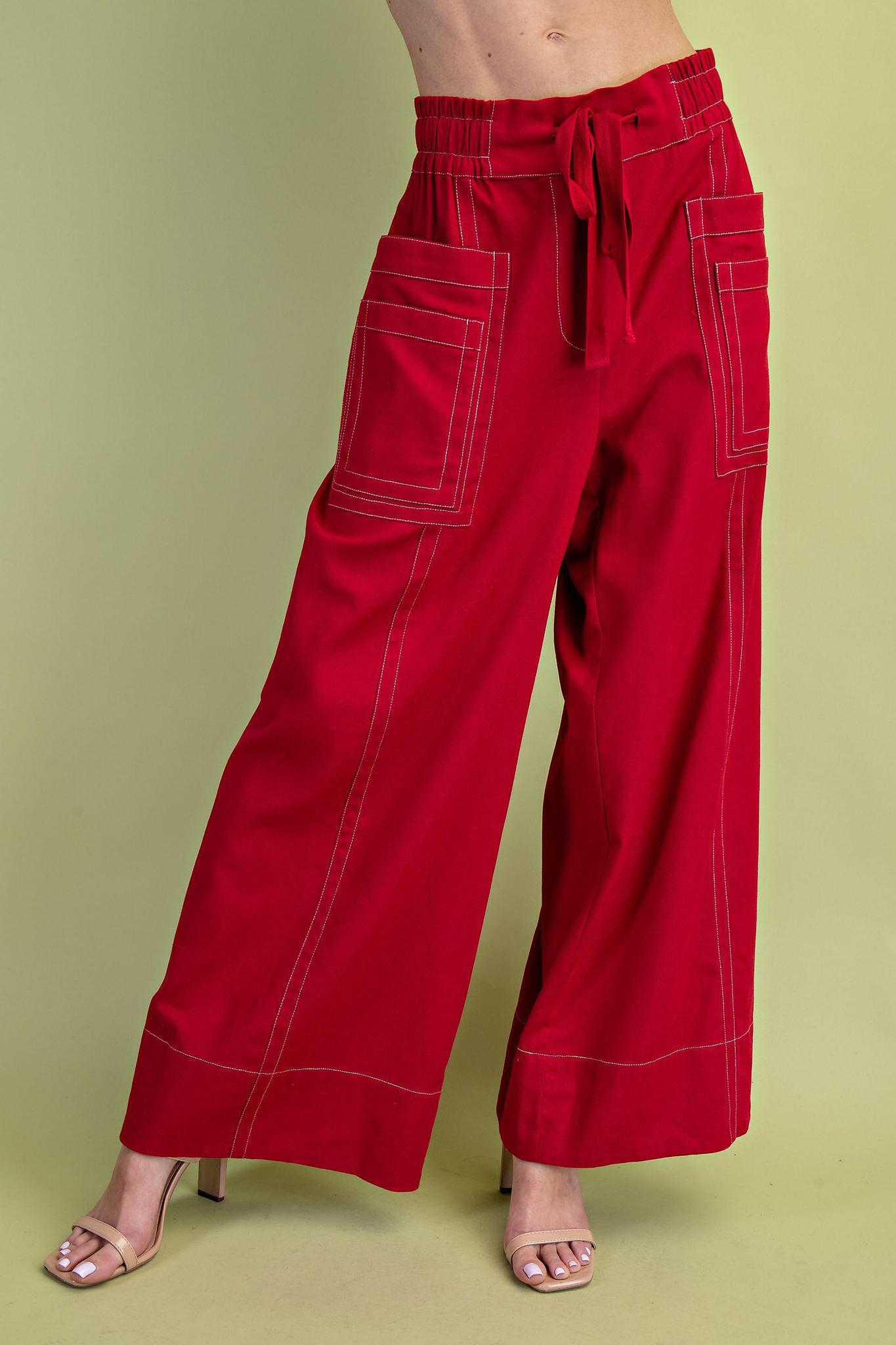 Red Linen Blend Wide Leg Pant