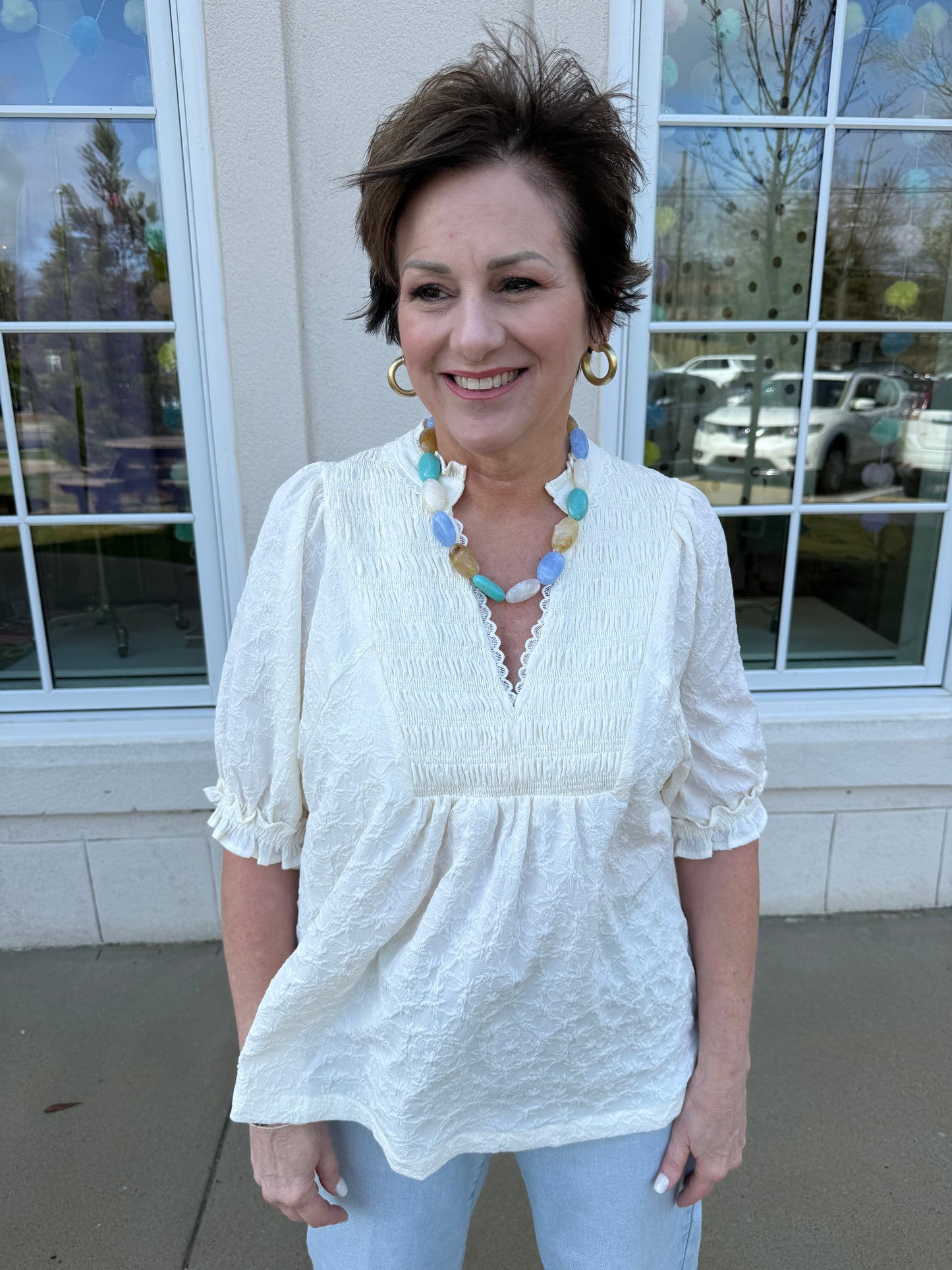 Cream Textured and Smocked Peasant Top