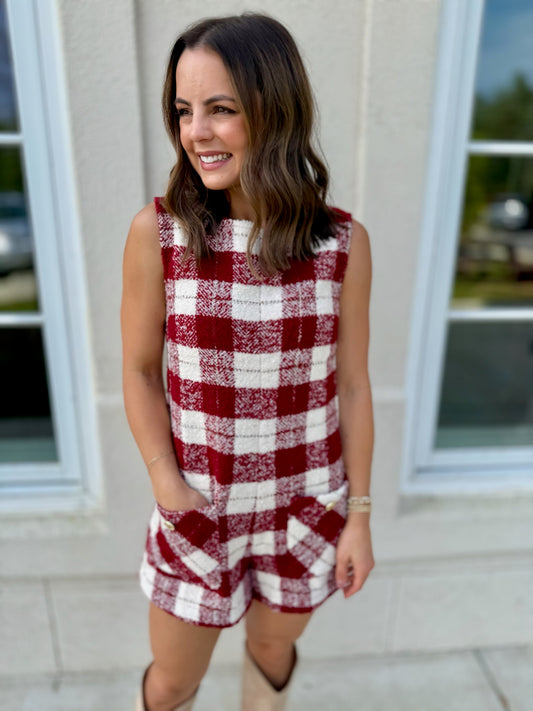 Burgundy and Off White Tweed Romper
