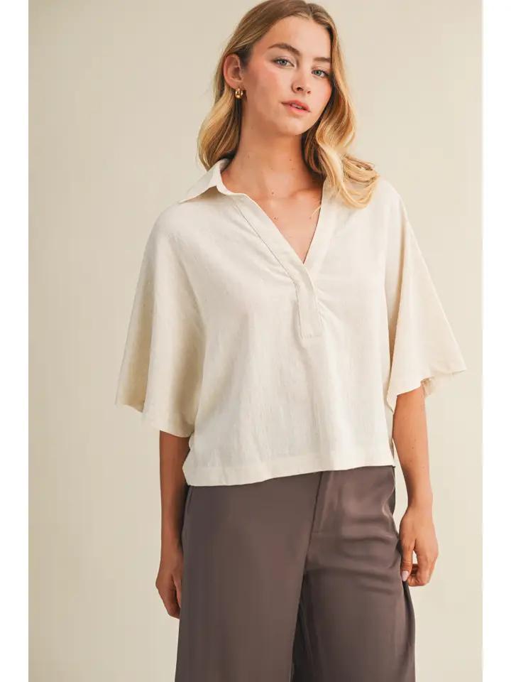Linen Oversized Open Collar Top