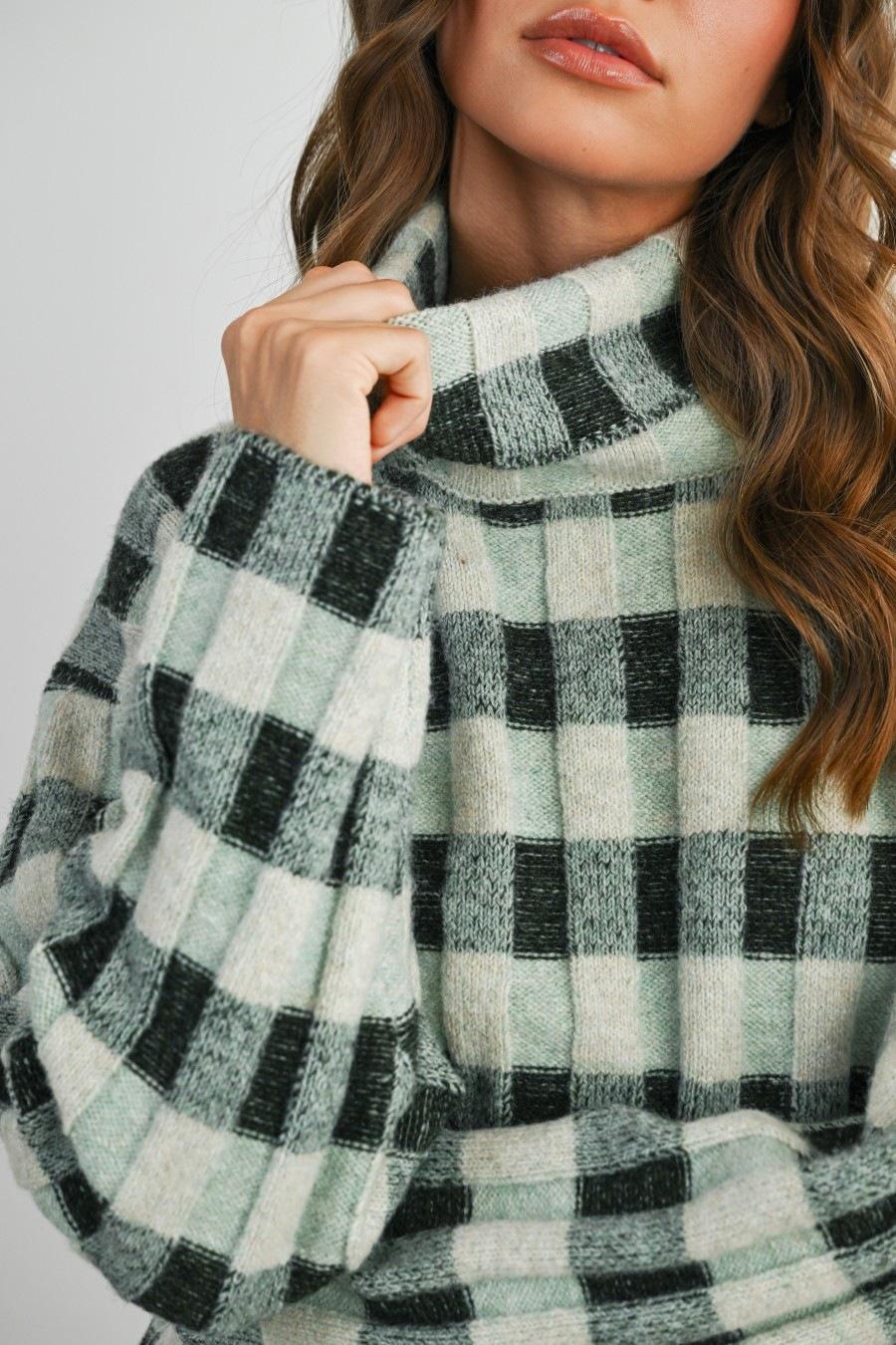 Olive Multi  Check Turtleneck Sweater