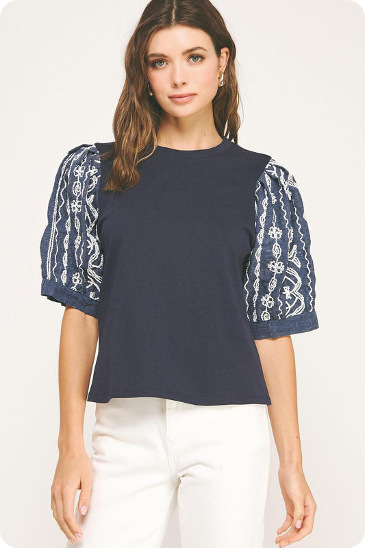 Navy with White Embroidered Tee Top