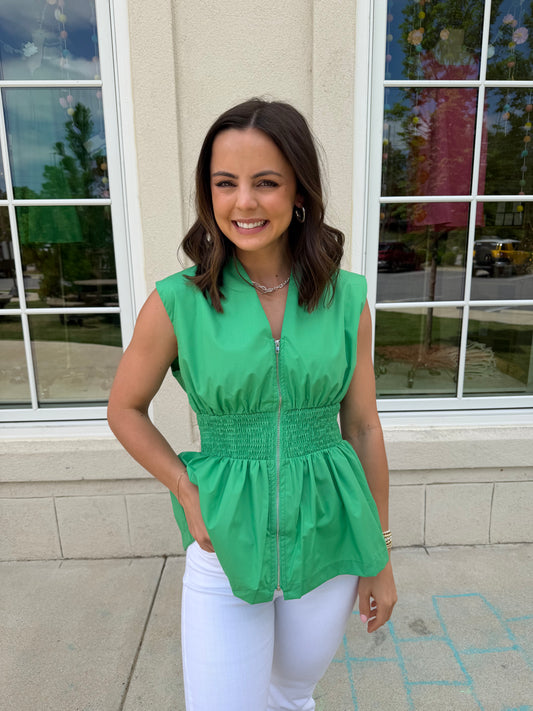 Green Peplum Front Zip Top