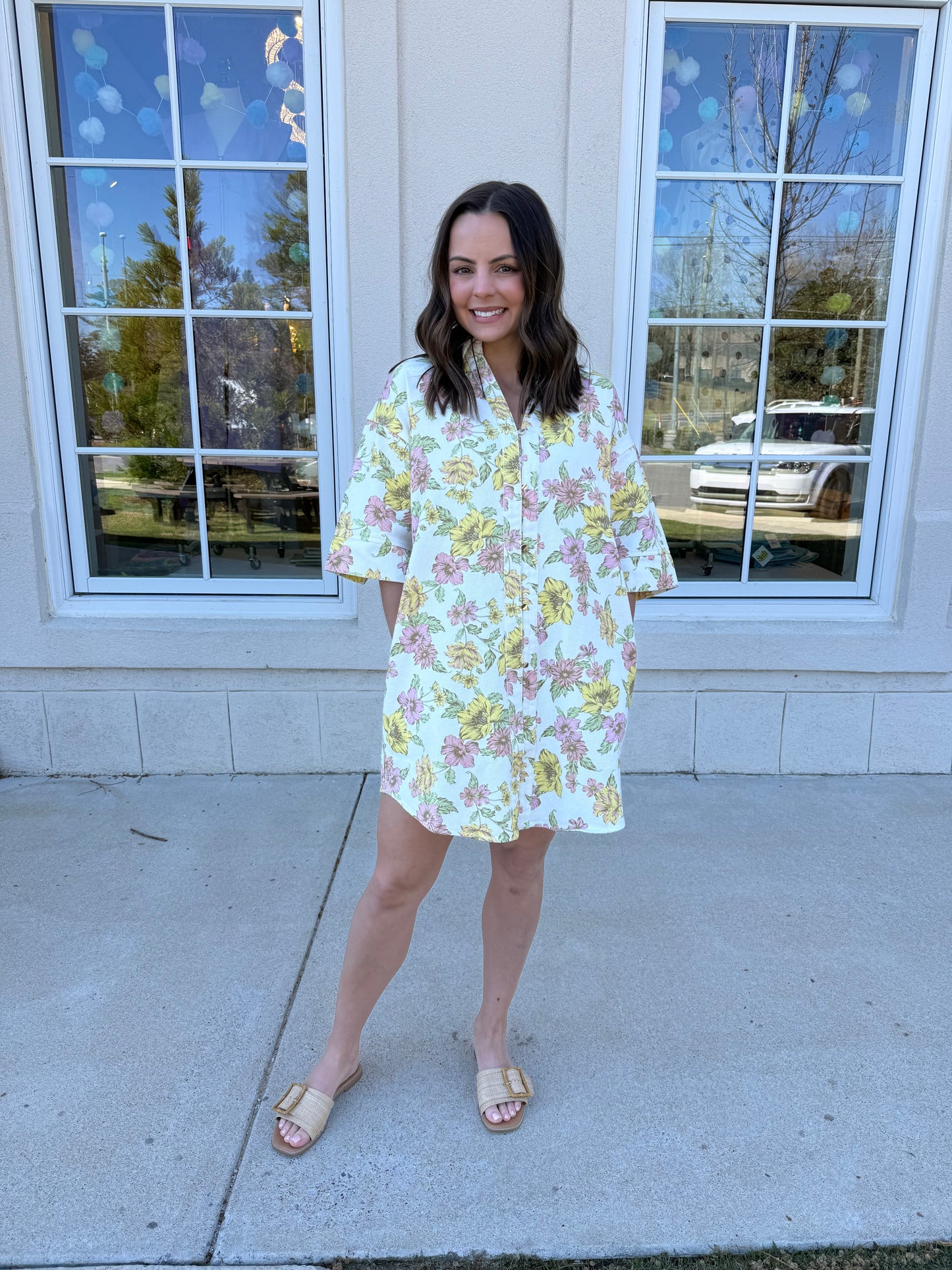 Off White Pink and Yellow Floral Shirt Dress