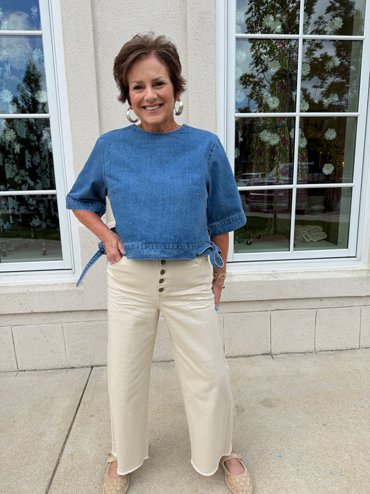 Medium  Blue Side Tie Denim Top