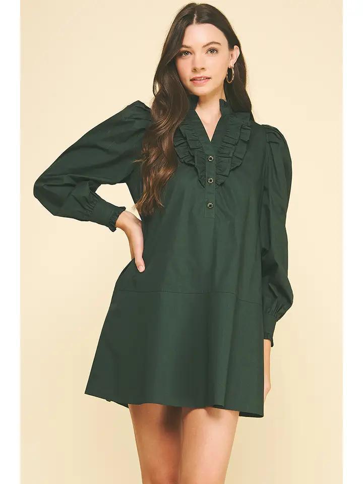 Deep Green Ruffled Detail Mini Dress