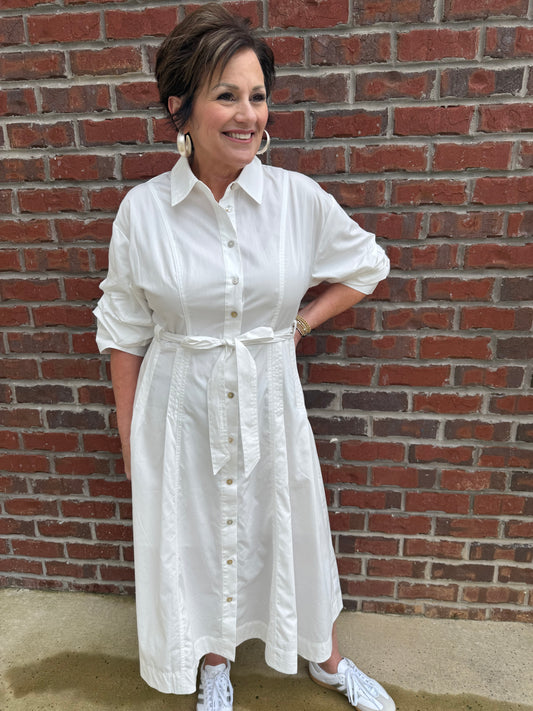White Tucked Sleeve Midi Dress