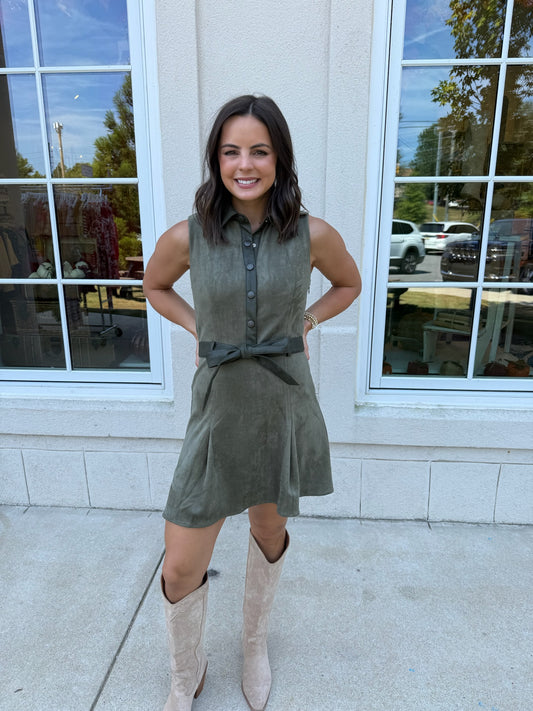 Olive Faux Suede Belted Dress
