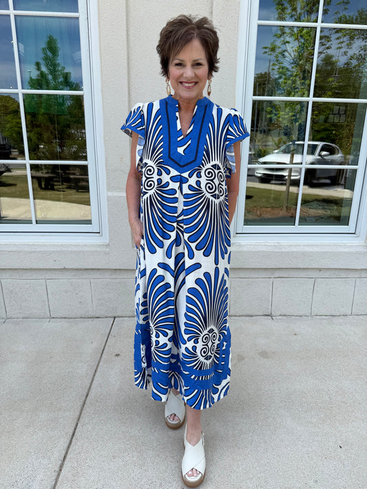 Blue Abstract Print Midi