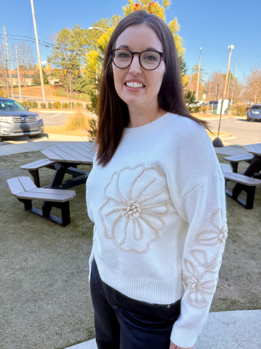 Ivory and Tan Floral Embroidered Top