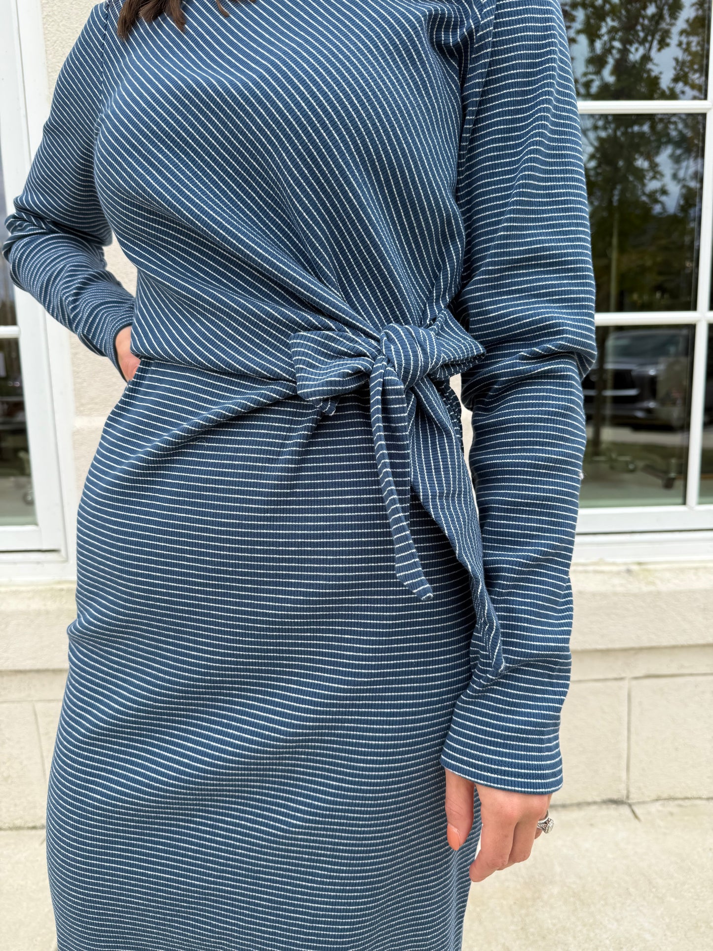 Blue and Ivory Striped Midi Dress