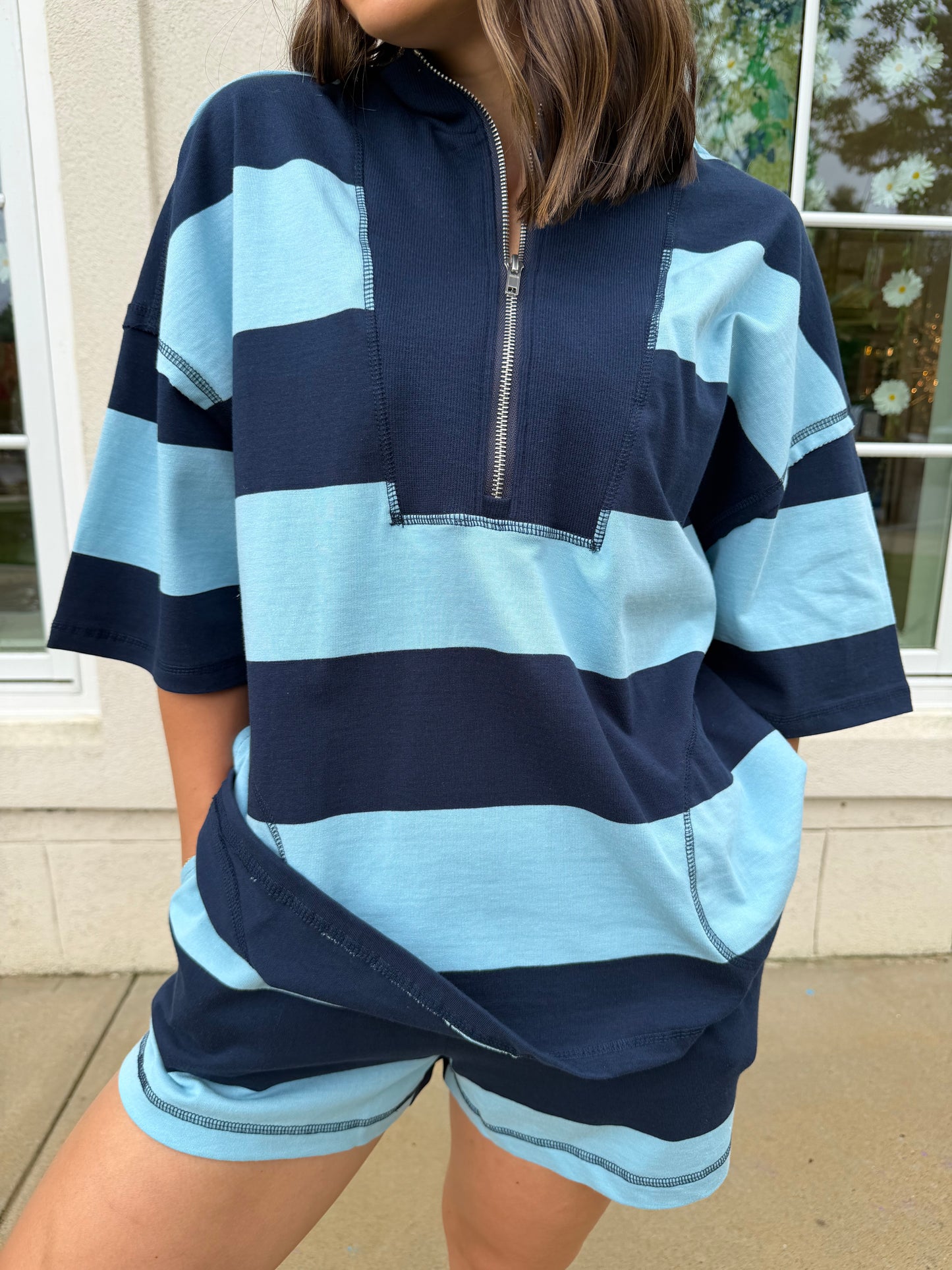 Navy and Sky blue Striped Short Set