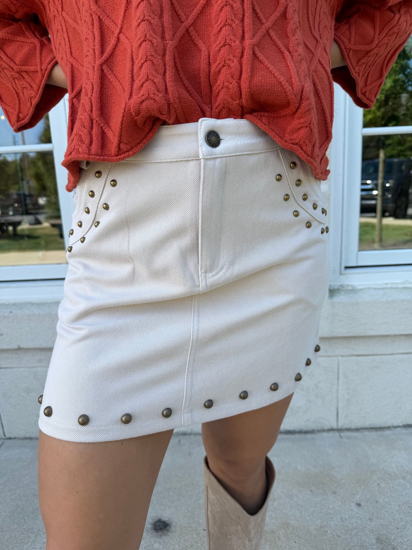 Ecru Suede Studded Skirt