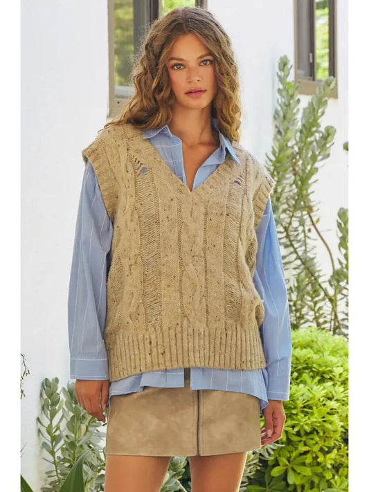 Wheat Heavy Cable Knit Sweater Vest