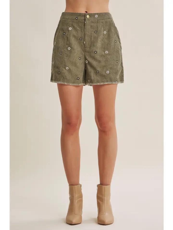 Olive Artisan Daisy Corduroy Shorts